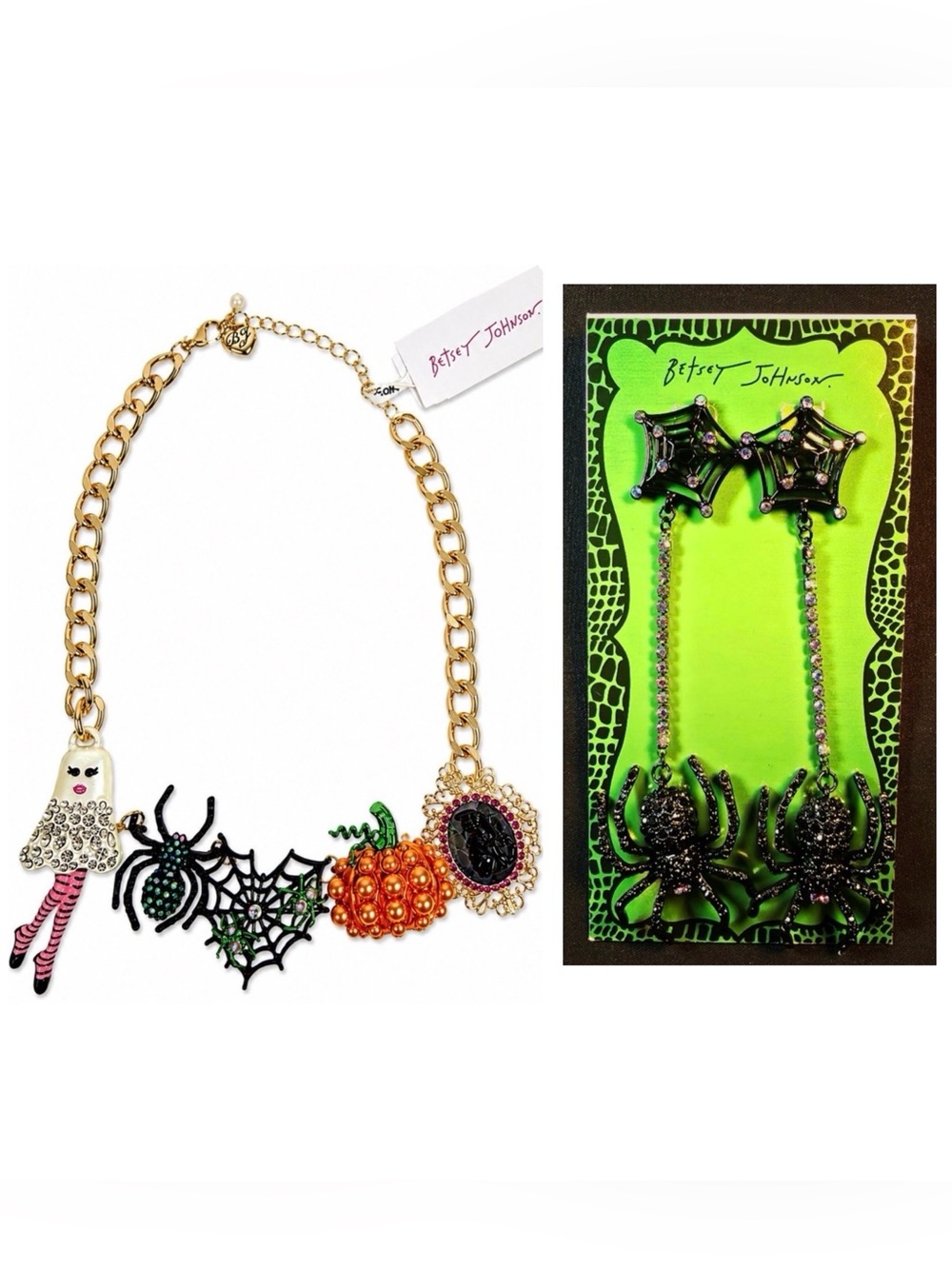 BETSEY JOHNSON SET Halloween Revival Charm Necklace & Spider Earrings NEW NWT